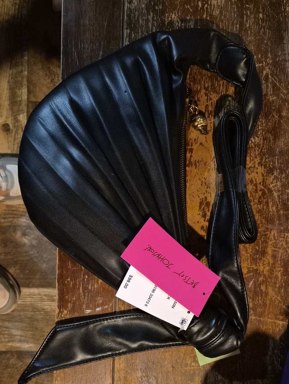 Betsey Johnson Black Pleated Knot Shoulder Bag with Gold Charm
